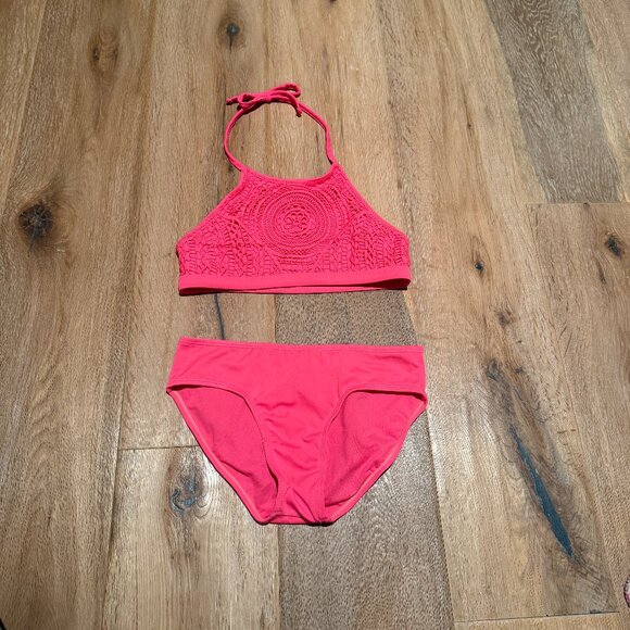 Justice Girls Bikini Set Crochet Halter Top & Matching Pink Bottoms Sz 12 - Picture 1 of 5